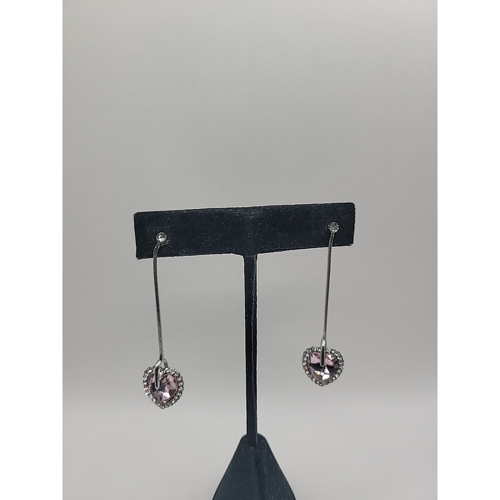 Vintage Pink Crystal Heart Dangle Earrings Silver Tone Romantic Drop Style